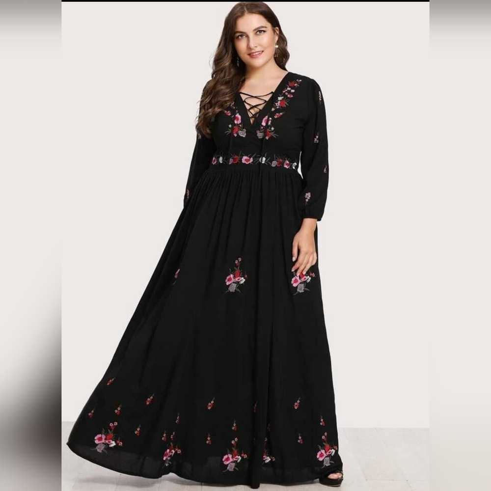 SHEIN Plus Lace Up Front Floral Embroidered MaxiDress 1xl NWOT